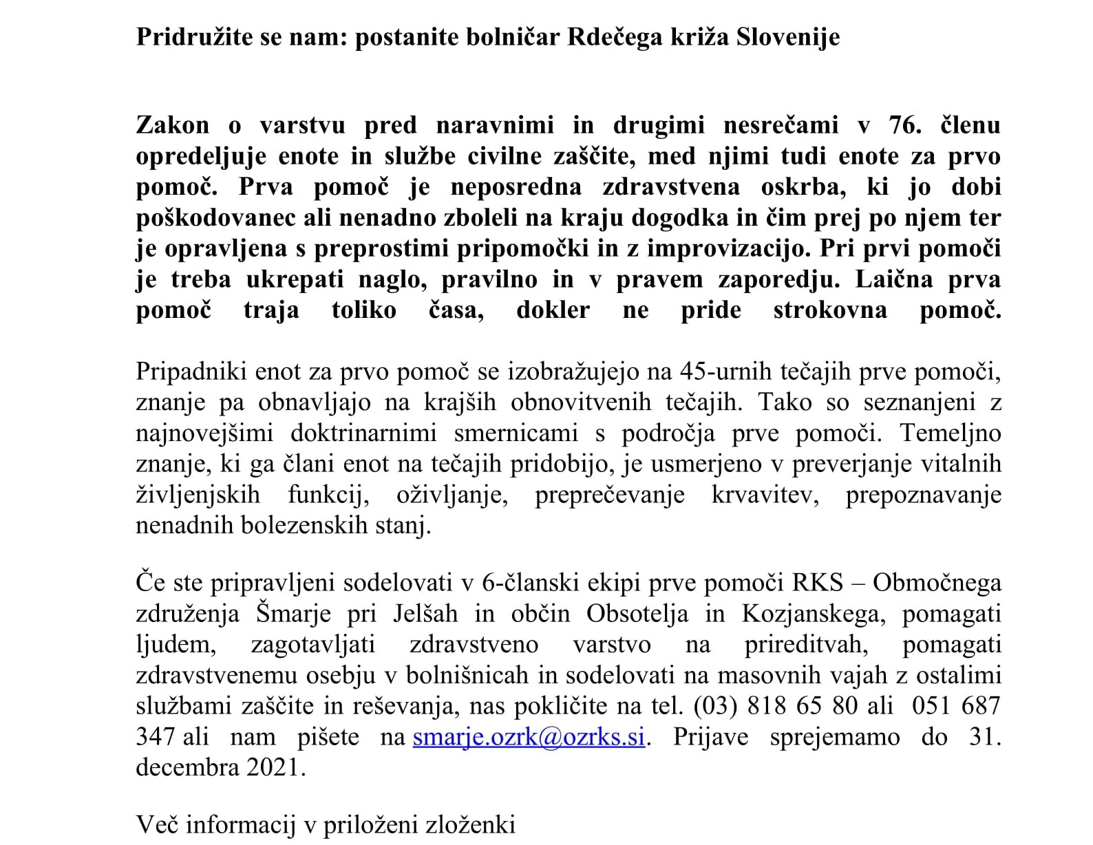 Poziv novim bolničarjem Rdečega križa Slovenije